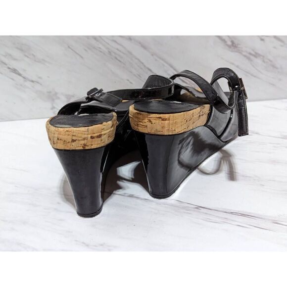 Van Eli Women's Black Patent Leather 3" Wedge Cork Trim Heels Slingback Size 8 - Picture 6 of 8